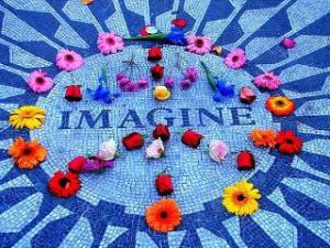 photo of the word Imagine with flowers in a peace symbol