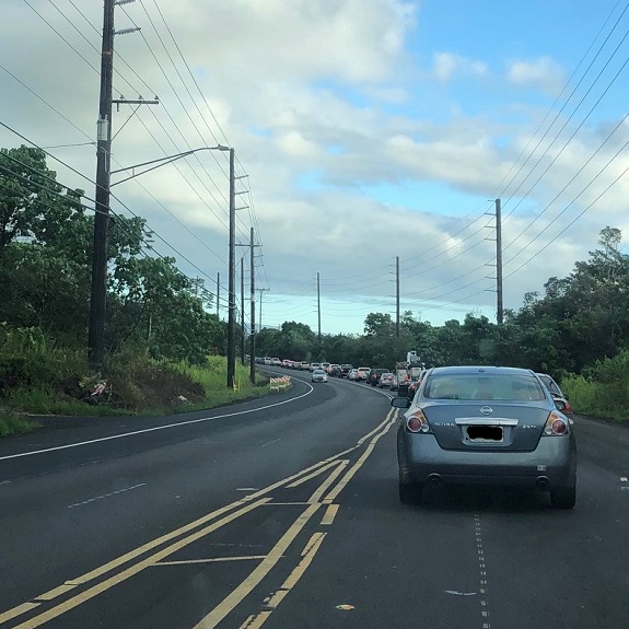 Cars stopped in traffic on Highway 130 in Keaau 8.8.19 