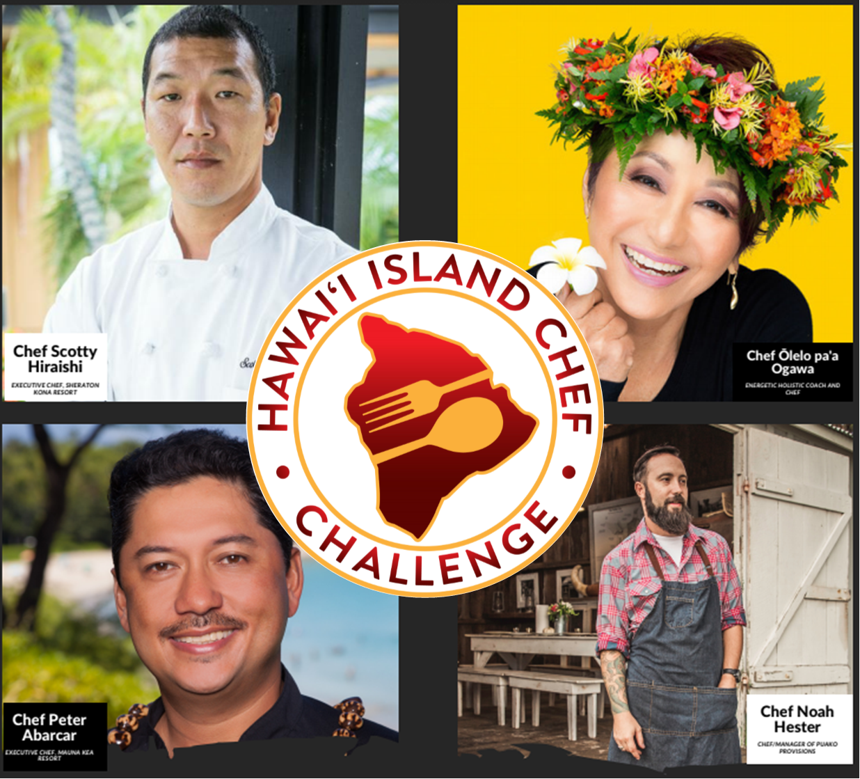 poster of Chefs Scotty Hiraishi, Olelo Paa Ogawa, Peter Abarcar, and Noah Hester